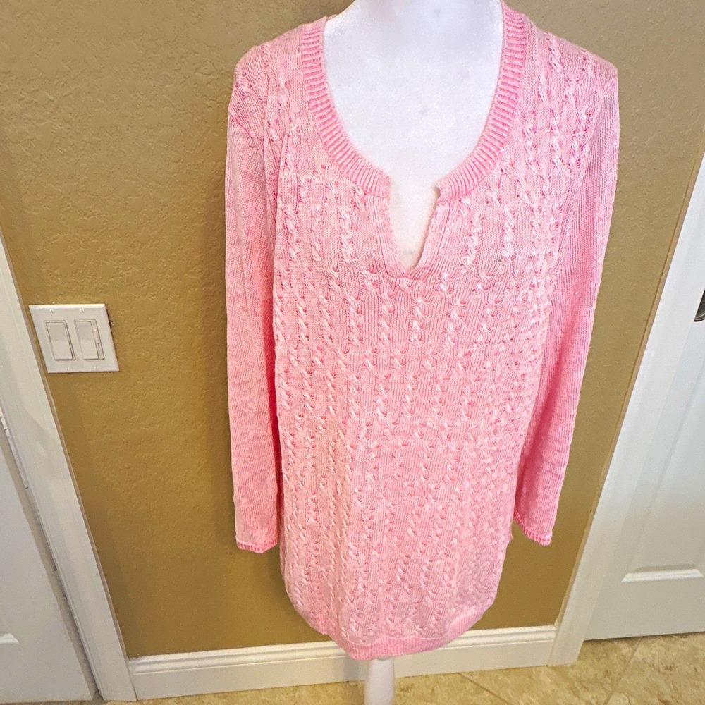 Tommy Bahama Womens Pink Linen Knit V-Neck Pullover Sweater, Long Sleeve, L
